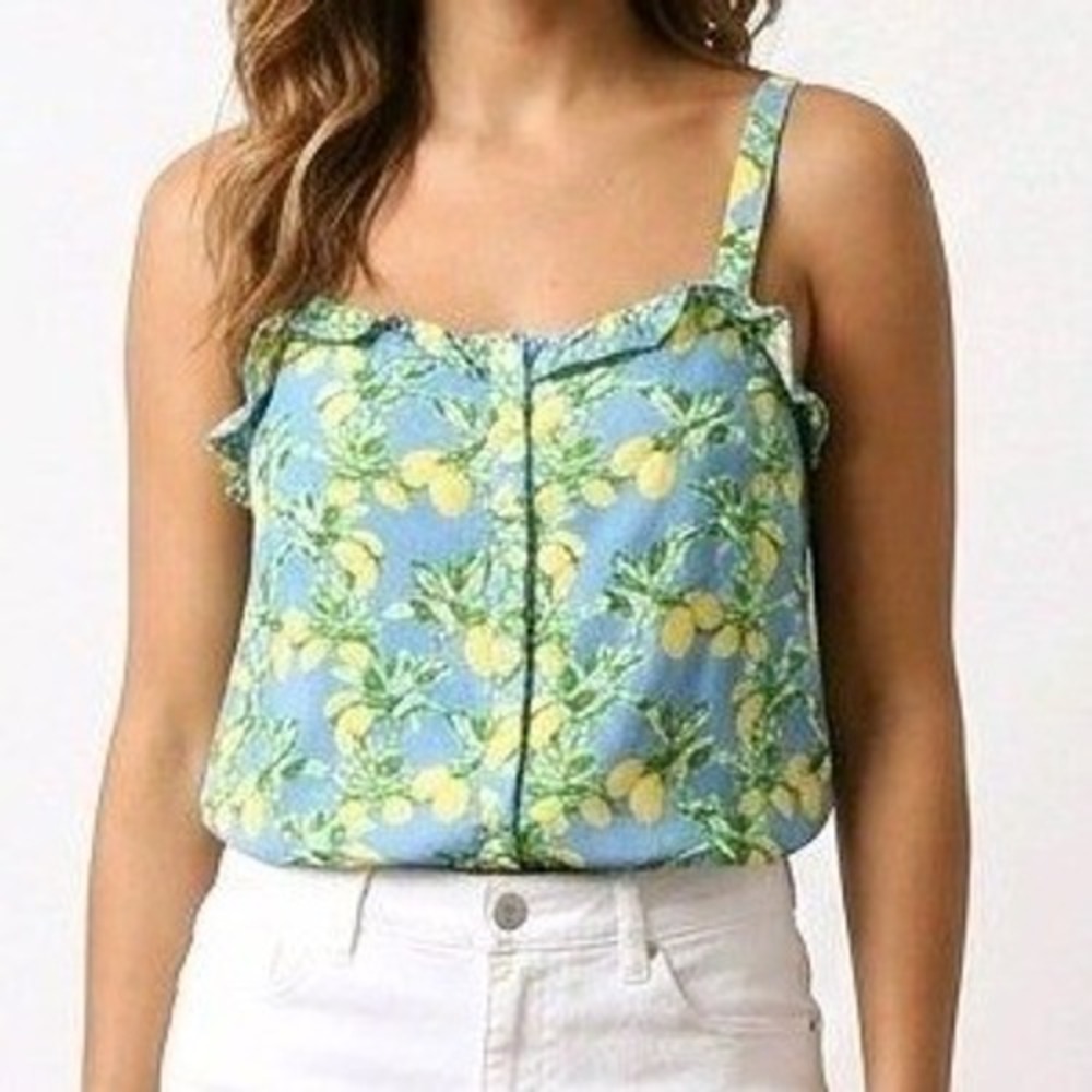 LOFT Camisole Lemon Print‎ Blue Yellow Button Front Ruffle Summer Top Large